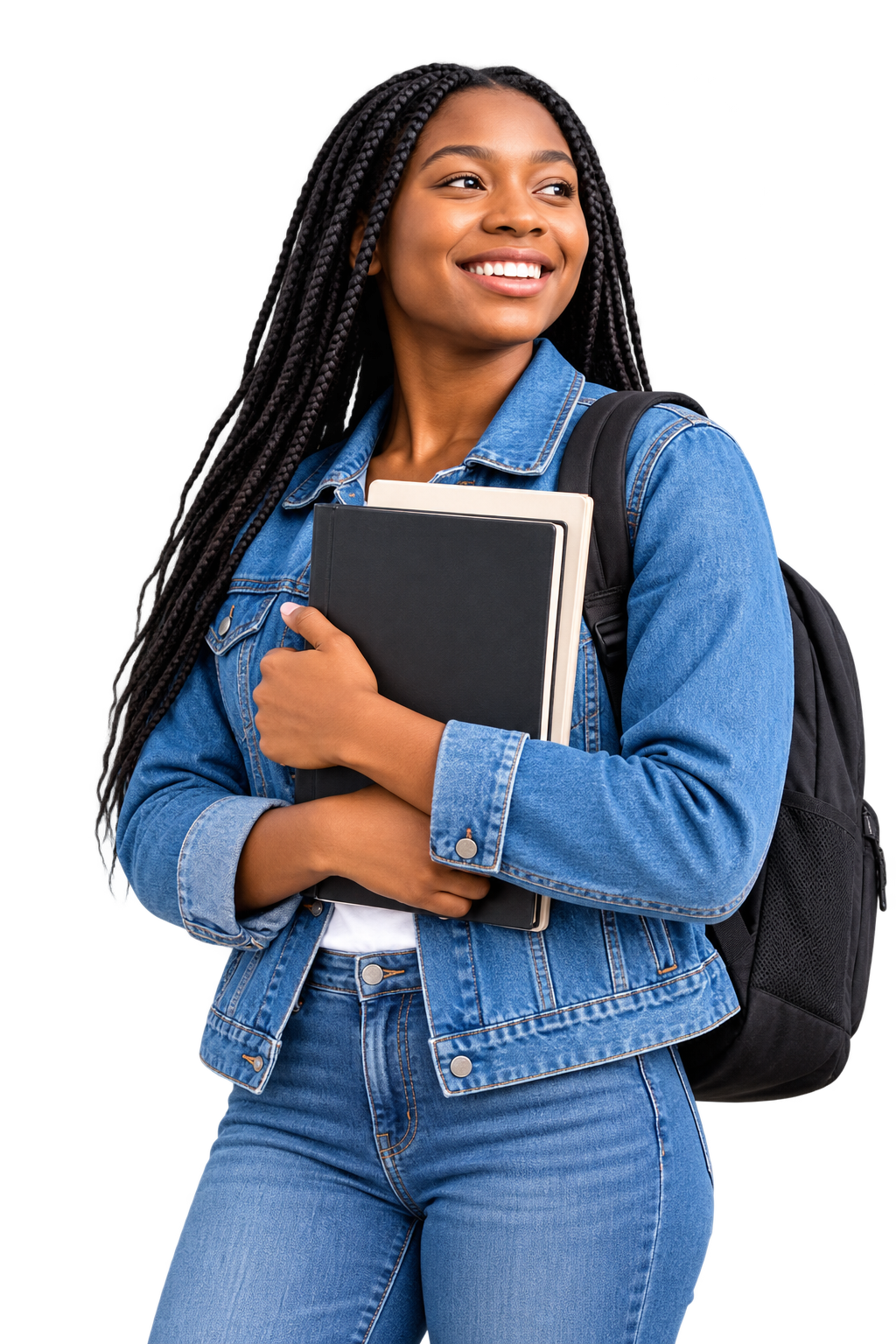 Smiling student holding books and preparing to study abroad